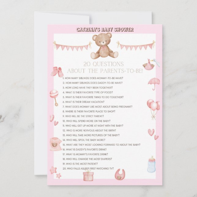 Pink Teddy Bear Baby Shower - Editable Name, 5x7 Invitation (Front)