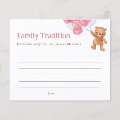 Pink Teddy Bear Baby Shower Family Tradition Card
