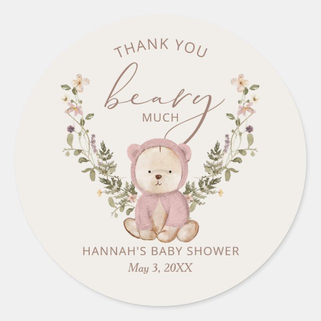 Pink Teddy Bear Baby Shower Favor Classic Round Sticker (Front)