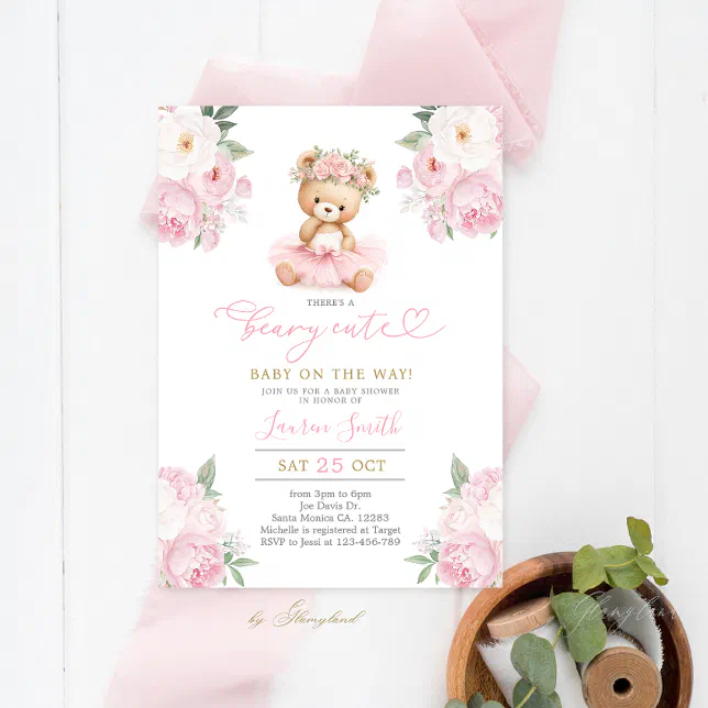 Pink Teddy Bear Baby Shower Girl Invitation | Zazzle