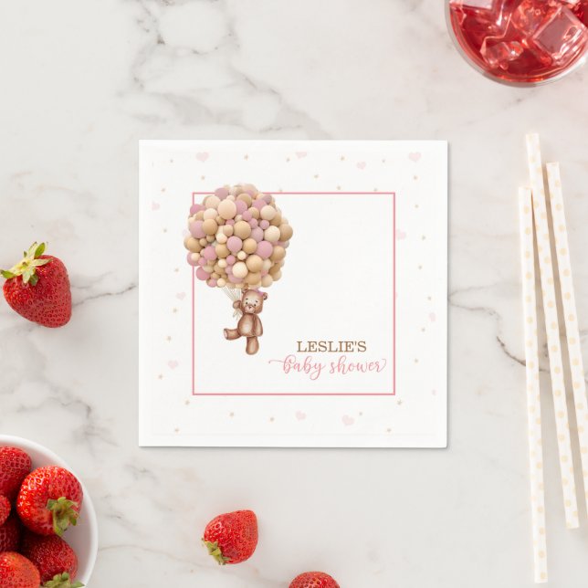 Pink Teddy Bear Baby Shower - Hot Air Balloon (C) Napkins (Insitu)