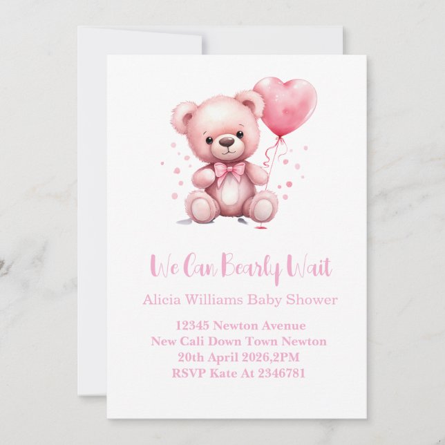 Pink Teddy Bear Baby Shower Invitation (Front)