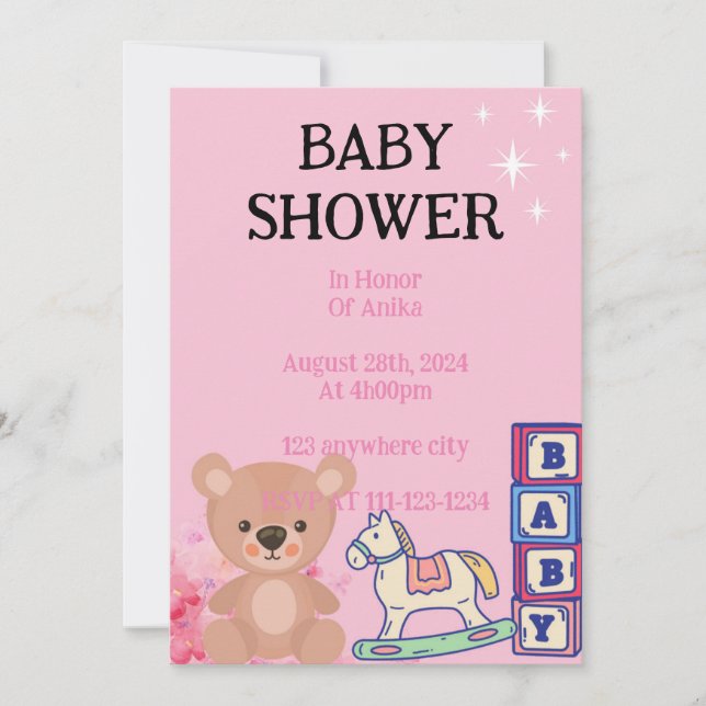 PINK TEDDY BEAR BABY SHOWER INVITATION (Front)