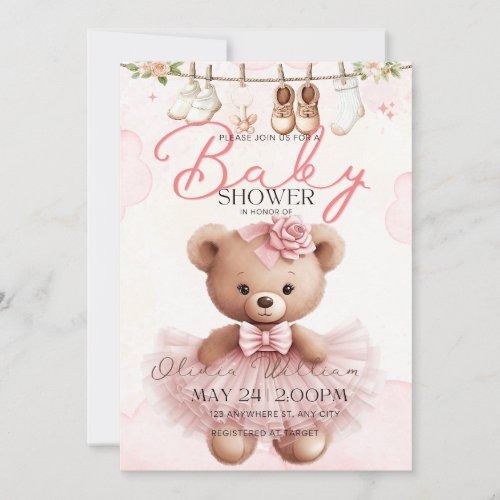 Pink Teddy Bear Baby Shower Invitation