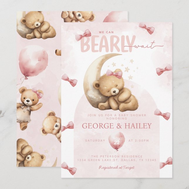 Pink Teddy Bear Baby Shower Invitation (Front/Back)