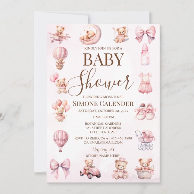 Pink Teddy Bear Baby Shower Invitation (Front)