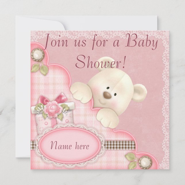 Pink Teddy Bear Baby Shower Invitations (Front)