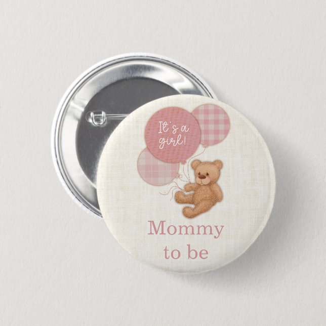 Pink Teddy Bear Baby Shower Mom To Be Button (Front & Back)
