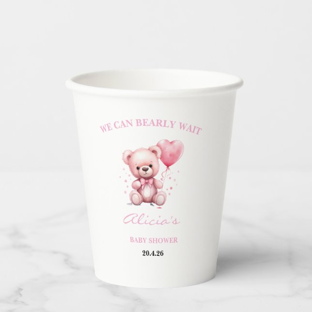 Pink Teddy Bear Baby Shower Paper Cups (Front)