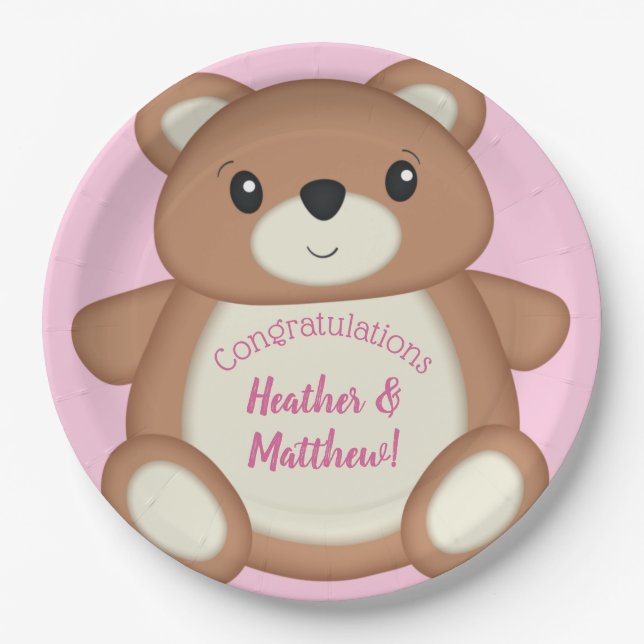 Pink Teddy Bear Baby Shower Paper Plates (Front)
