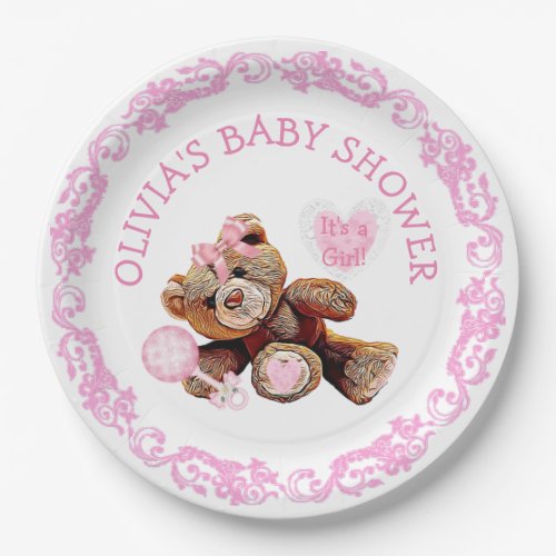 Pink Teddy Bear Baby Shower Paper Plates