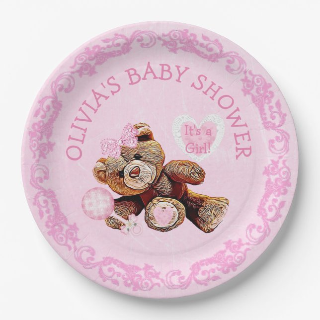 Pink Teddy Bear Baby Shower Paper Plates (Front)