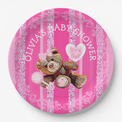 Pink Teddy Bear Baby Shower Paper Plates