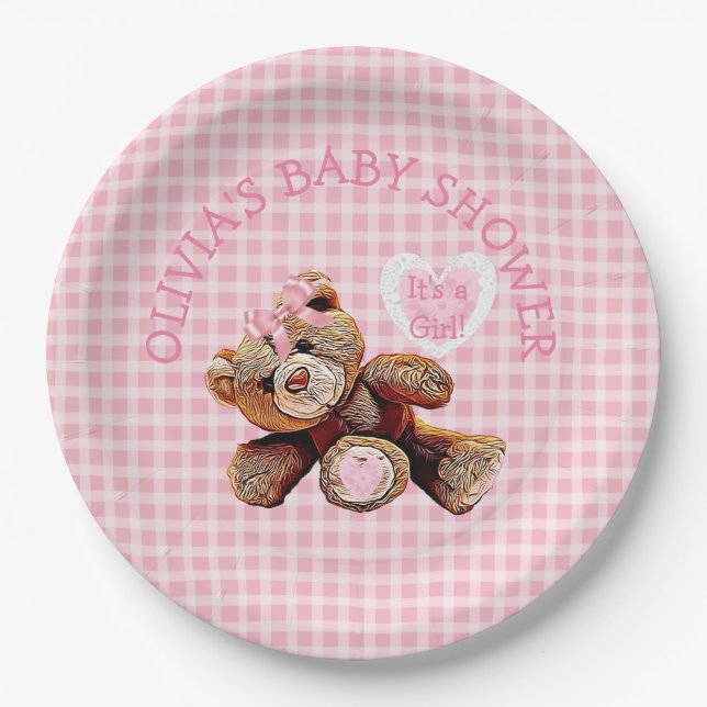 Pink Teddy Bear Baby Shower Paper Plates (Front)