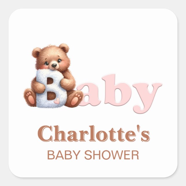 Pink Teddy Bear Baby Shower Square Sticker (Front)