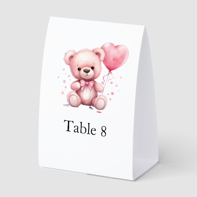 Pink Teddy Bear Baby Shower Table Number Paper Table Tent (Front)