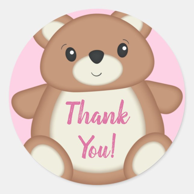 Pink Teddy Bear Baby Shower Thank You Classic Round Sticker (Front)