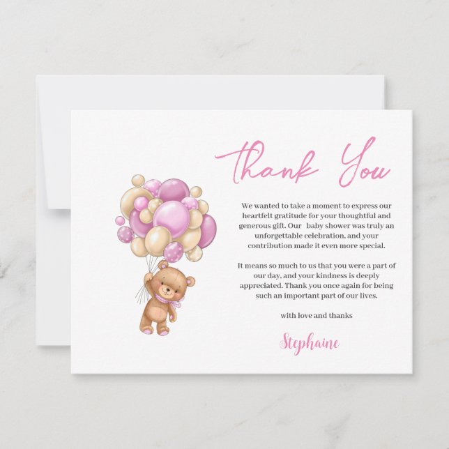 Pink Teddy Bear  Baby shower thank you Holiday Card (Front)