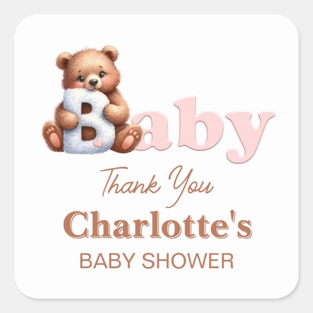 Pink Teddy Bear Baby Shower Thank You Square Sticker (Front)