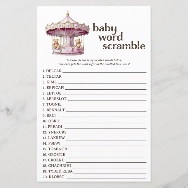 Pink Teddy Bear Baby Shower Word Scramble Game (Front)