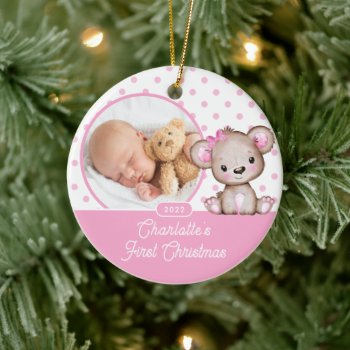Pink Teddy Bear Baby's First Christmas Photo Ceram Ceramic Ornament by celebrateitornaments at Zazzle
