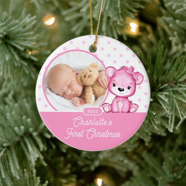 Pink Teddy Bear Baby's First Christmas Photo Ceramic Ornament (Tree)