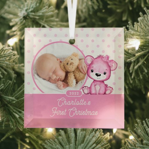 Pink Teddy Bear Babys First Christmas Photo Glass Ornament