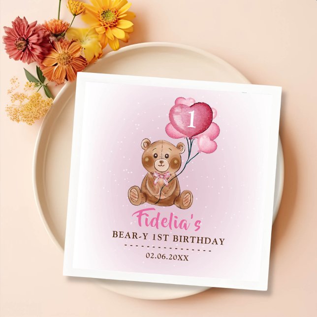 Pink Teddy Bear Balloon 1st Birthday Napkins (Creator Uploaded)