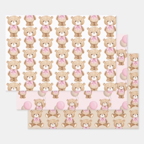 Pink Teddy Bear Balloon Baby Girl 1st Birthday Wrapping Paper Sheets