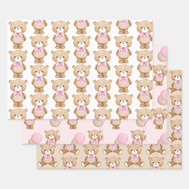 Pink Teddy Bear Balloon Baby Girl 1st Birthday Wrapping Paper Sheets ...