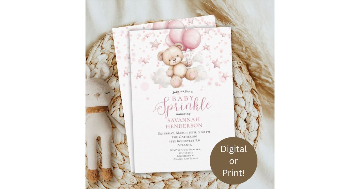 Pink Teddy Bear Balloon Baby Girl Sprinkle Shower Invitation | Zazzle
