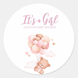 Pink Teddy Bear Balloon Baby Shower Classic Round Sticker