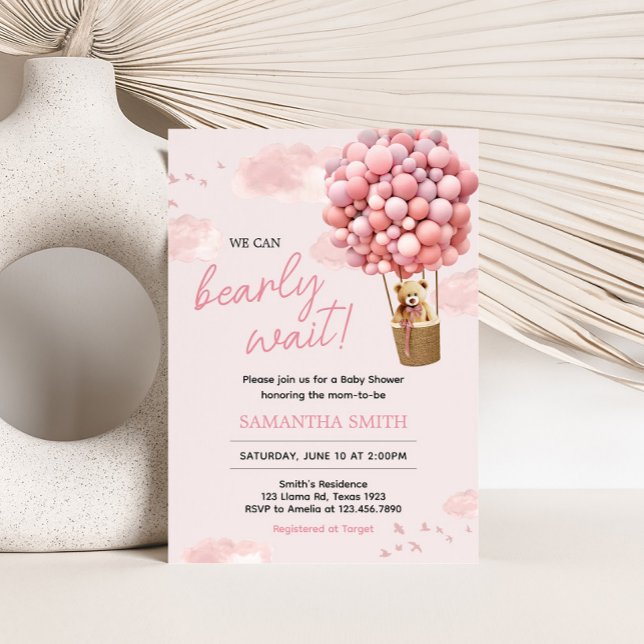Pink Teddy Bear Balloon Baby Shower Invitation (Pink Girl Teddy Bear Balloon Baby Shower Invitation
)