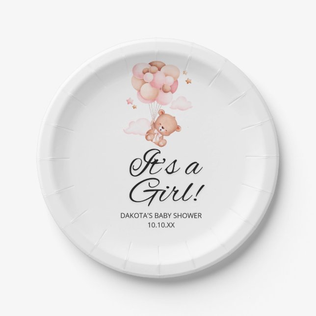 Pink Teddy Bear Balloon Baby Shower Paper Plates (Front)