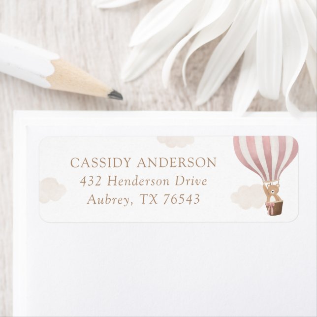 Pink Teddy Bear Balloon Baby Shower Return Address Label (Insitu)