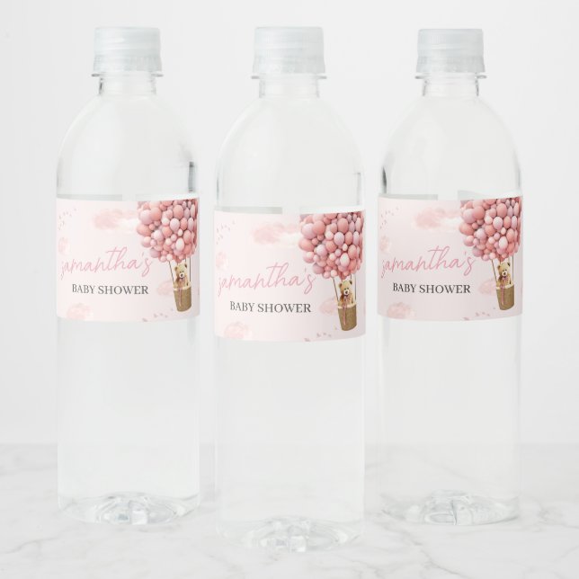 Pink Teddy Bear Balloon Baby Shower Water Bottle Label (Bottles)