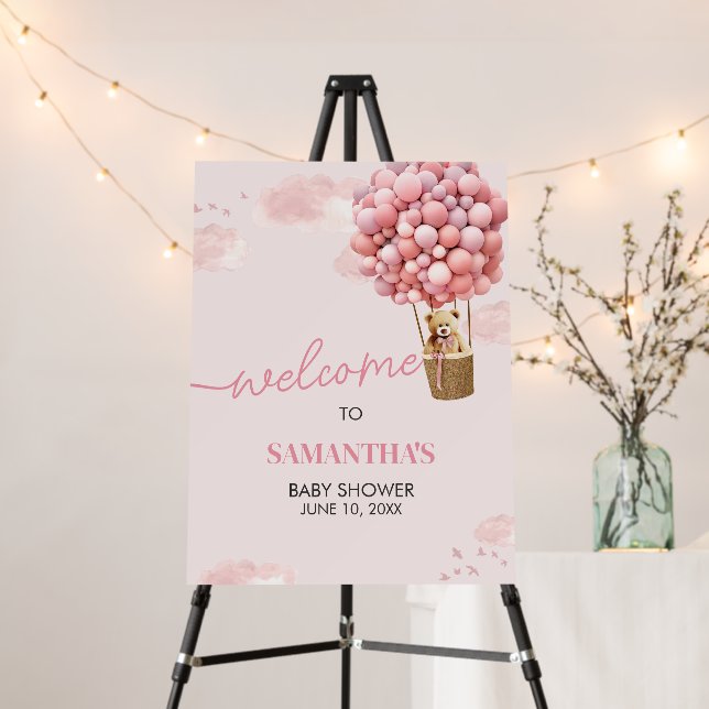 Pink Teddy Bear Balloon Baby Shower Welcome Sign (In Situ (Stand))