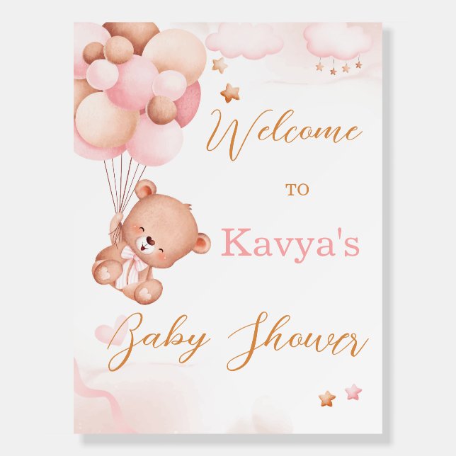 Pink Teddy Bear Balloon Baby Shower Welcome Sign (Front)