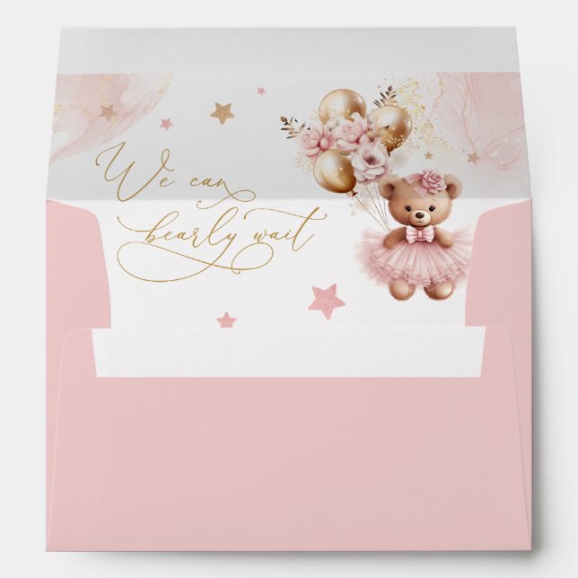 Pink Teddy Bear Balloon Bearly Wait Baby Shower Envelope (Back (Bottom))