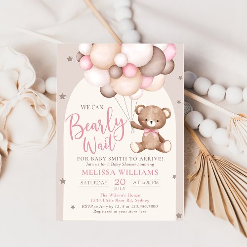 Pink Teddy Bear Balloon Bearly Wait Baby Shower Invitation