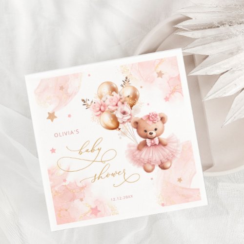 Pink Teddy Bear Balloon Bearly Wait Baby Shower Napkins