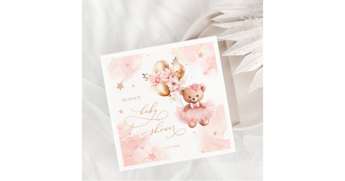 Pink Teddy Bear Balloon Bearly Wait Baby Shower Napkins | Zazzle