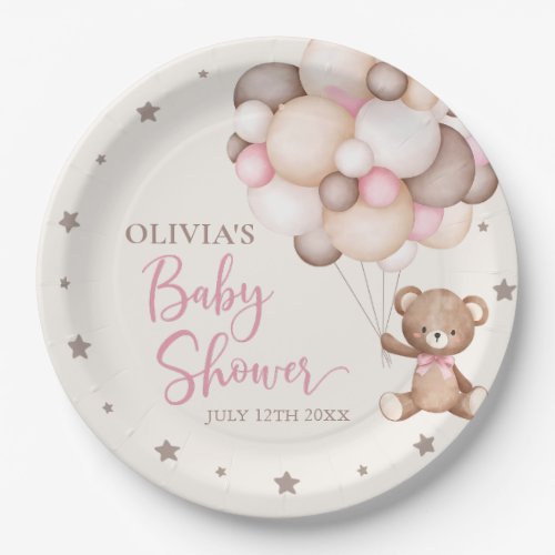 Pink Teddy Bear Balloon Bearly Wait Baby Shower Paper Plates