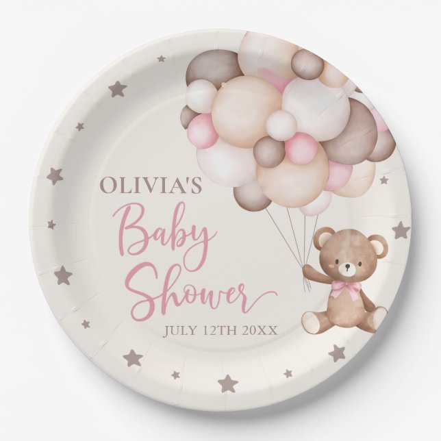 Pink Teddy Bear Balloon Bearly Wait Baby Shower Paper Plates (Front)