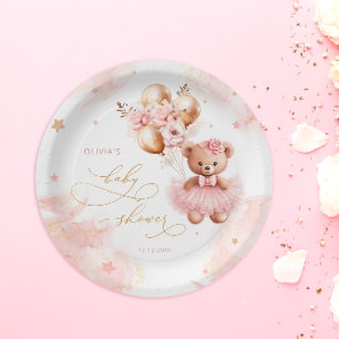Pink Teddy Bear Balloon Bearly Wait Baby Shower Paper Plates