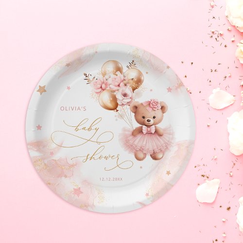 Pink Teddy Bear Balloon Bearly Wait Baby Shower Paper Plates