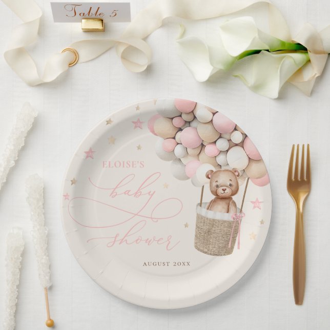 Pink Teddy Bear Balloon Bearly Wait Baby Shower Paper Plates (Wedding)