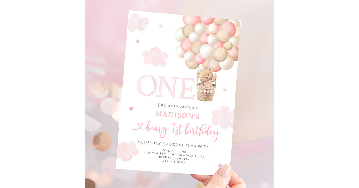 Pink Teddy Bear Balloon Beary First Birthday Invitation | Zazzle