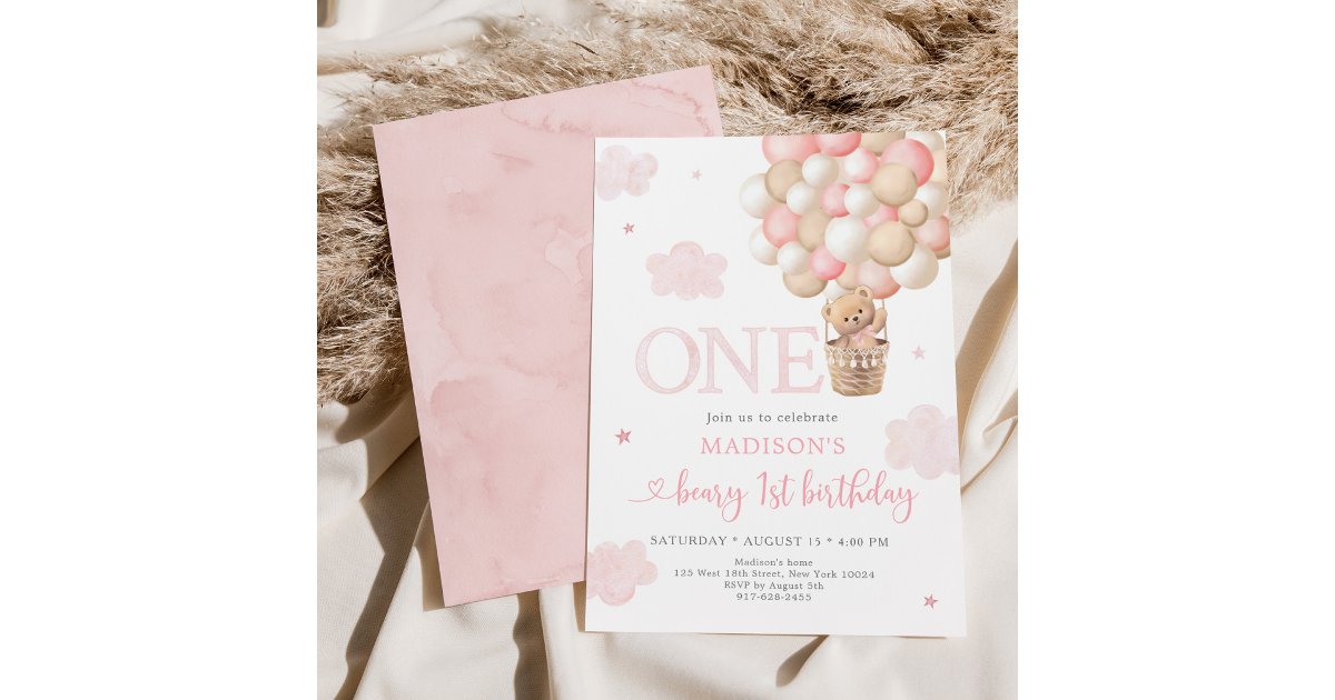 Pink Teddy Bear Balloon Beary First Birthday Invitation | Zazzle