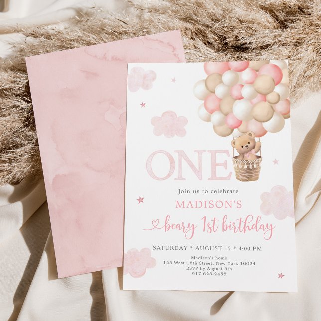 Pink Teddy Bear Balloon Beary First Birthday Invitation (Creator Uploaded)